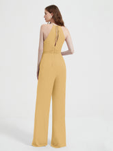 Jumpsuit Plissé Sans Manches à Encolure Licou avec Ceinture Or