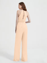 Jumpsuit Plissé Sans Manches à Encolure Licou avec Ceinture Pêche
