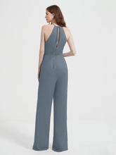 Jumpsuit Plissé Sans Manches à Encolure Licou avec Ceinture Bleu de Schiste