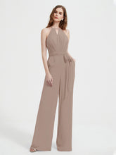 Jumpsuit Plissé Sans Manches à Encolure Licou avec Ceinture Taupe