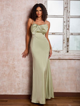 Robe en Satin à Bretelles Spaghetti Longueur au Sol avec Nœud Sauge Poudrée