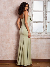 Robe en Satin à Bretelles Spaghetti Longueur au Sol avec Nœud Sauge Poudrée