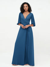 Col en V Profond Demi-Manches Robes Maxi en Mousseline Bleu Encre