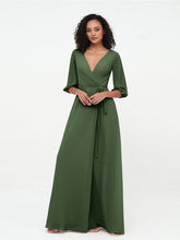 Col en V Profond Demi-Manches Robes Maxi en Mousseline Olive Verte