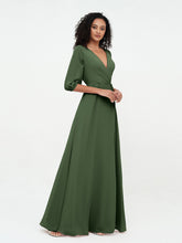 Col en V Profond Demi-Manches Robes Maxi en Mousseline Olive Verte