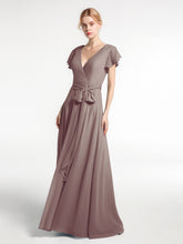 Robe en Mousseline à Col en V à Mancherons avec Auto-nœud Dusk