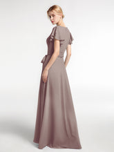 Robe en Mousseline à Col en V à Mancherons avec Auto-nœud Dusk