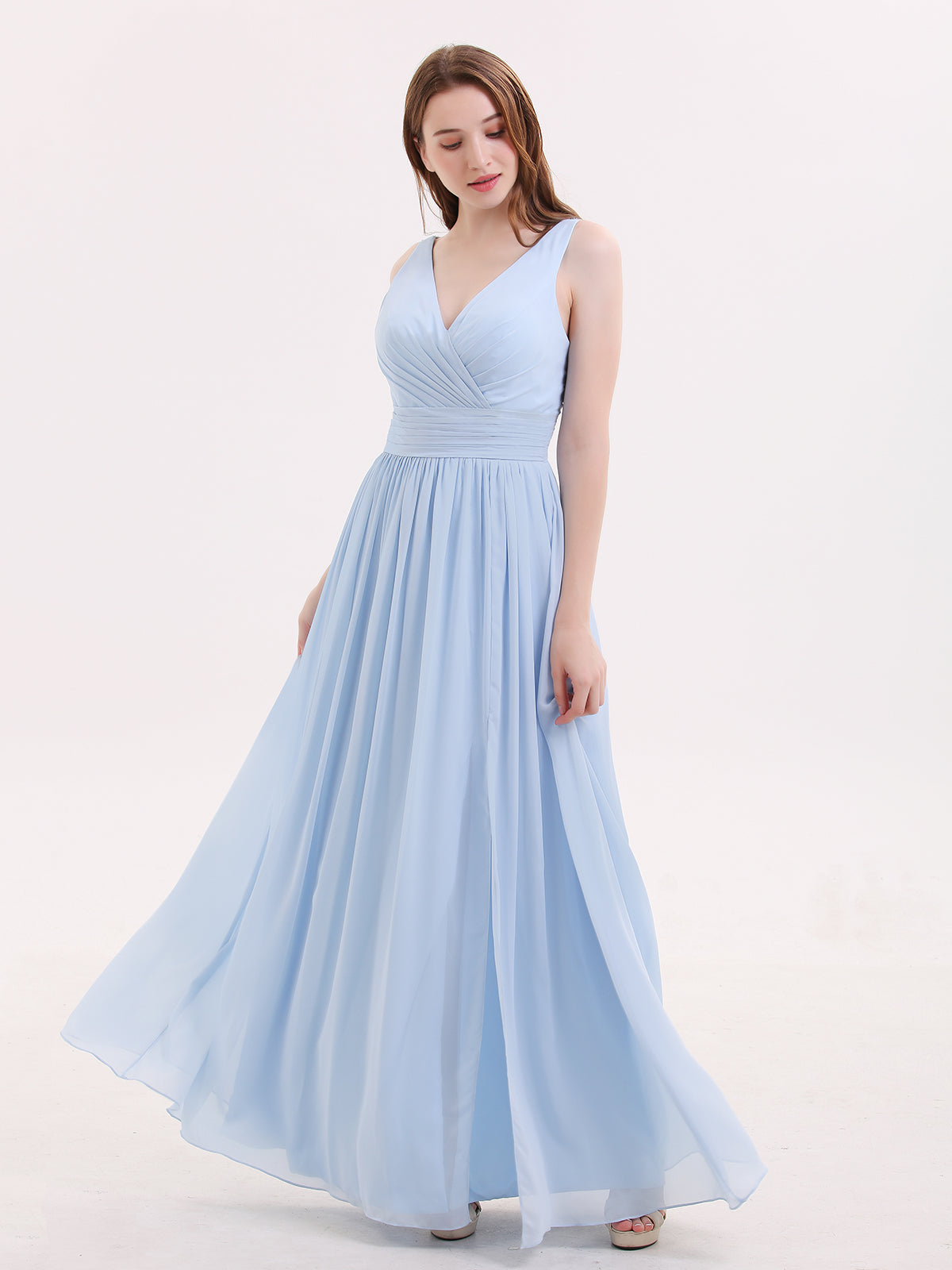 Robe longue empire à col V en dentelle - Bleu ciel