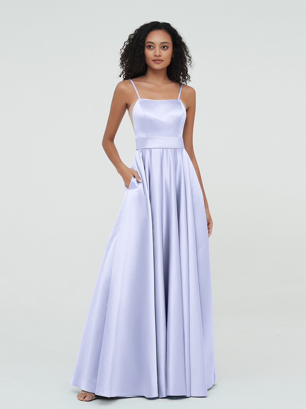 A-ligne Bretelles Spaghetti Robes Maxi en Satin Lavande BABARONI