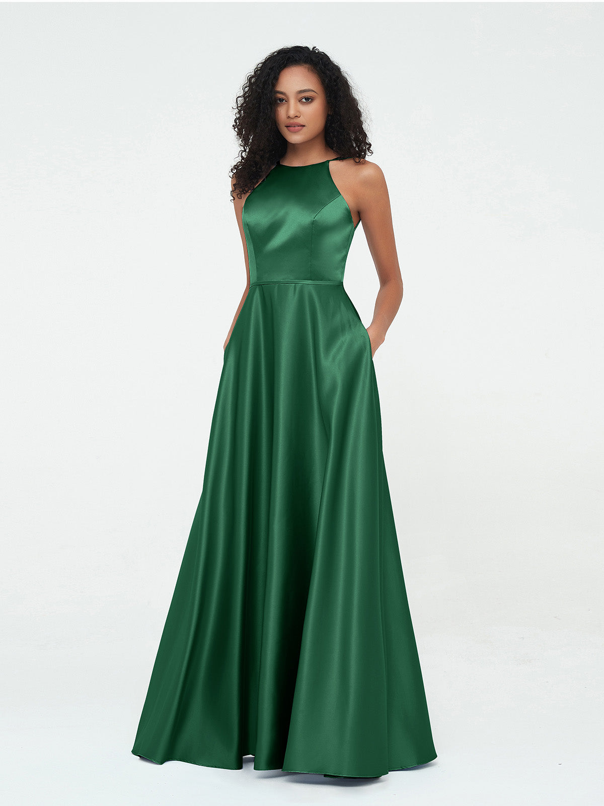 A ligne Robes Maxi Licou en Satin avec Poches Vert Fonc Grande