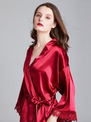 Robes en Satin à Encolure en V et à Bordure en Dentelle Florale Longueur Genou