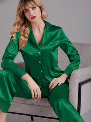 Ensembles de Pyjamas Longs en Satin avec Dentelle pour Femmes