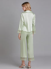 Ensembles de Pyjamas Longs en Satin avec Dentelle pour Femmes