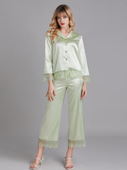 Ensembles de Pyjamas Longs en Satin avec Dentelle pour Femmes