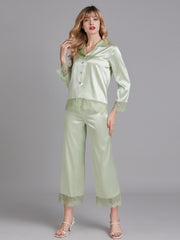 Ensembles de Pyjamas Longs en Satin avec Dentelle pour Femmes