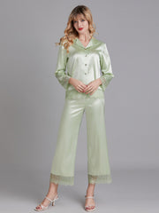 Ensembles de Pyjamas Longs en Satin avec Dentelle pour Femmes