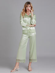 Ensembles de Pyjamas Longs en Satin avec Dentelle pour Femmes