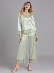 Ensembles de Pyjamas Longs en Satin avec Dentelle pour Femmes