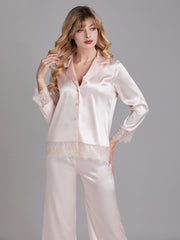 Ensembles de Pyjamas Longs en Satin avec Dentelle pour Femmes