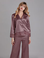 Ensembles de Pyjamas Longs en Satin avec Dentelle pour Femmes