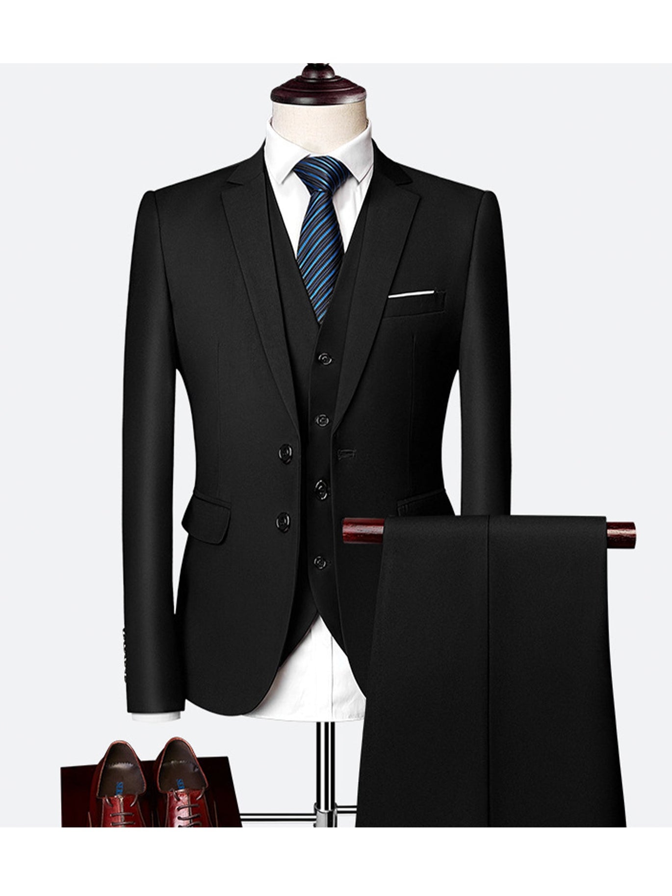 HUUTOE Mens 3 Piece Double Breasted Suit With Gold Buttons For Wedding Prom Christmas, Burgundy, S