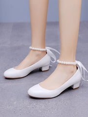 Chaussures de Mariage à Talons Chunky Bas et Bout Rond Ornées de Perles