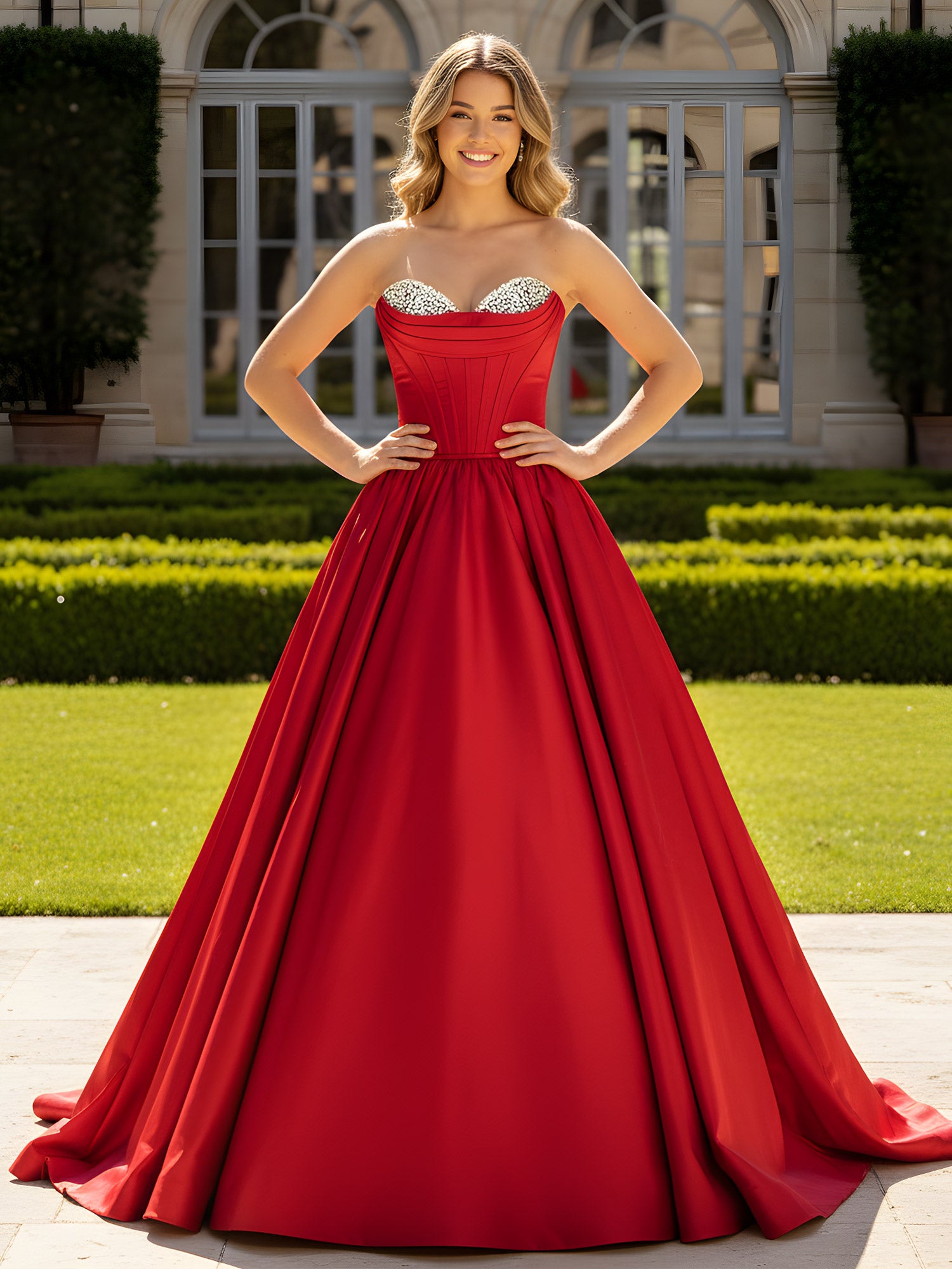BABARONI Satin Rouge Robes de Bal Ball Gown Col en Cœur Sans Manches ...