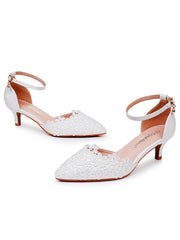 Sandales à Talon Aiguille et Bout Pointu Ornées de Dentelle Blanche