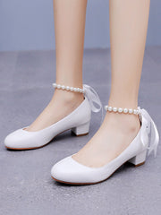 Chaussures de Mariage à Talons Chunky Bas et Bout Rond avec Perles