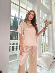 Ensemble Décontracté en Satin Pour l'été Vêtements d'Intérieur à Manches Courtes et Amples