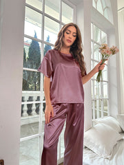 Ensemble Décontracté en Satin Pour l'été Vêtements d'Intérieur à Manches Courtes et Amples