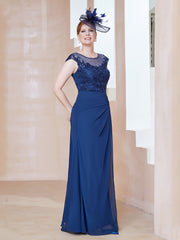 Robe en Mousseline Dentelle à Col Illusion Scoop Bleu Marine Clair