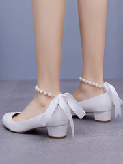 Chaussures de Mariage à Talons Chunky Bas et Bout Rond avec Perles