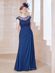 Robe en Mousseline Dentelle à Col Illusion Scoop Bleu Marine Clair