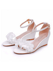 Sandales de Plage Blanches à Fleurs à Bout Ouvert avec Bride à la Cheville