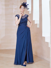 Robe en Mousseline Dentelle à Col Illusion Scoop Bleu Marine Clair