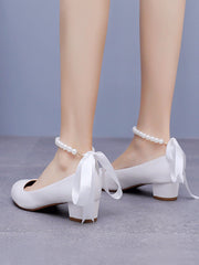 Chaussures de Mariage à Talons Chunky Bas et Bout Rond Ornées de Perles