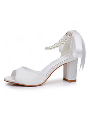 Sandales à Talon Chunky avec Bout Peep Toe Rubans et Perles