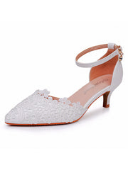 Sandales à Talon Aiguille et Bout Pointu Ornées de Dentelle Blanche