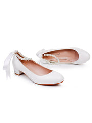 Chaussures de Mariage à Talons Chunky Bas et Bout Rond Ornées de Perles