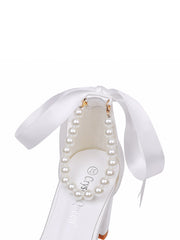 Sandales à Talon Chunky avec Bout Peep Toe Rubans et Perles