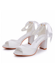 Sandales à Talon Chunky avec Bout Peep Toe Rubans et Perles