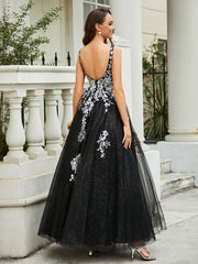 Robe Appliquée en Tulle Dentelle à Col en V Plongeant Noir Grande Taille