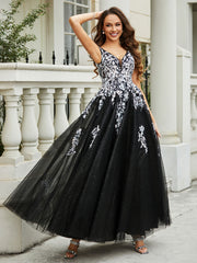 Robe Appliquée en Tulle Dentelle à Col en V Plongeant Noir