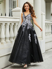 Robe Appliquée en Tulle Dentelle à Col en V Plongeant Noir