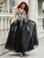 Robe Appliquée en Tulle Dentelle à Col en V Plongeant Noir