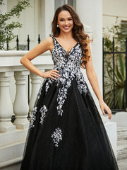Robe Appliquée en Tulle Dentelle à Col en V Plongeant Noir