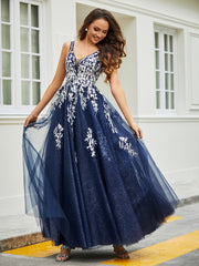 Robe Appliquée en Tulle Dentelle à Col en V Plongeant Bleu Marine