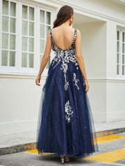 Robe Appliquée en Tulle Dentelle à Col en V Plongeant Bleu Marine Grande Taille