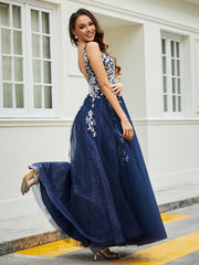 Robe Appliquée en Tulle Dentelle à Col en V Plongeant Bleu Marine Grande Taille